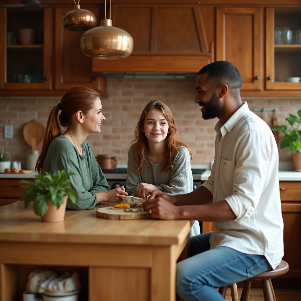 Famiglia in cucina che ha una conversazione rilassata sulle finanze domestiche