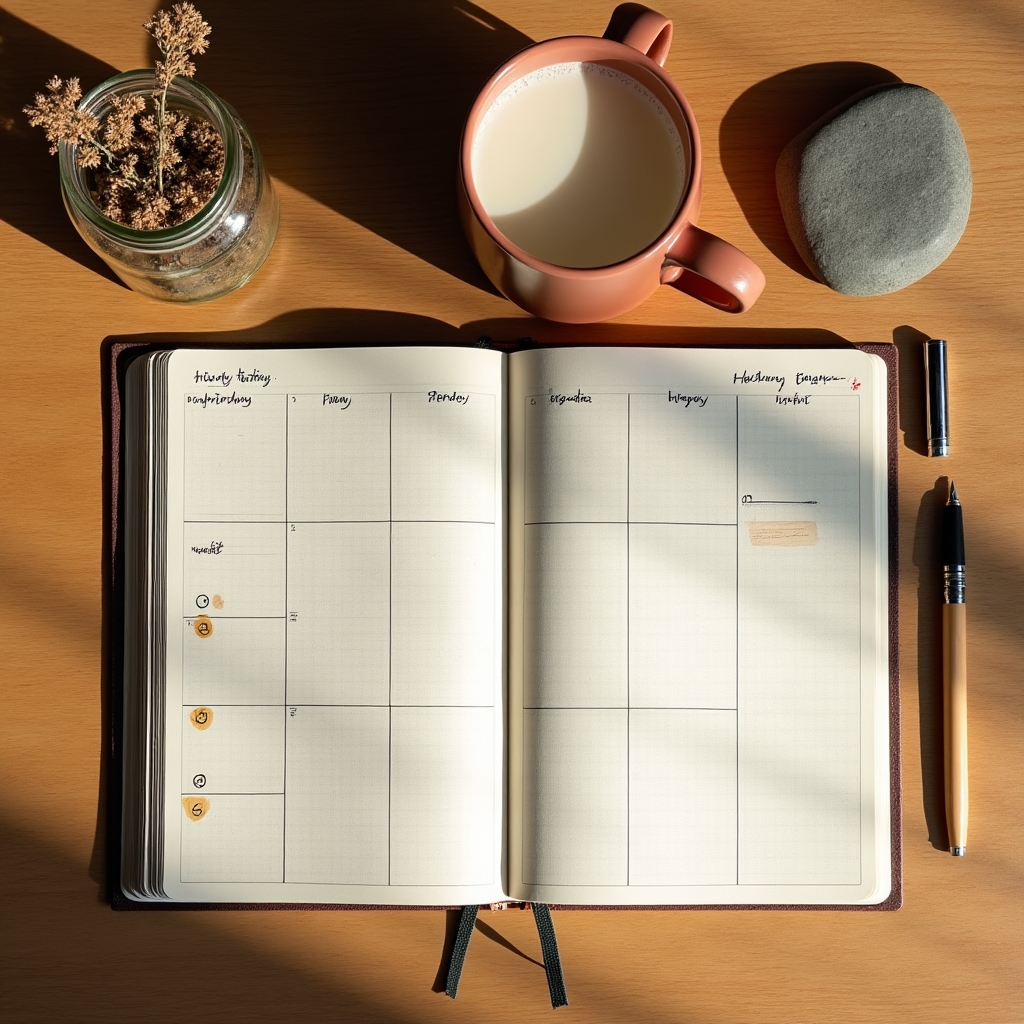 Planner su scrivania con penna e tazza di caffè per tracciare abitudini finanziarie